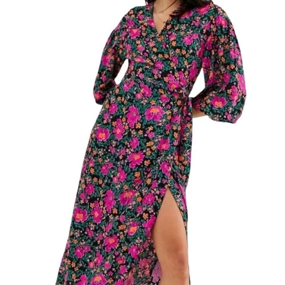 TopShop Womens Floral Midi Wrap Dress Size 2